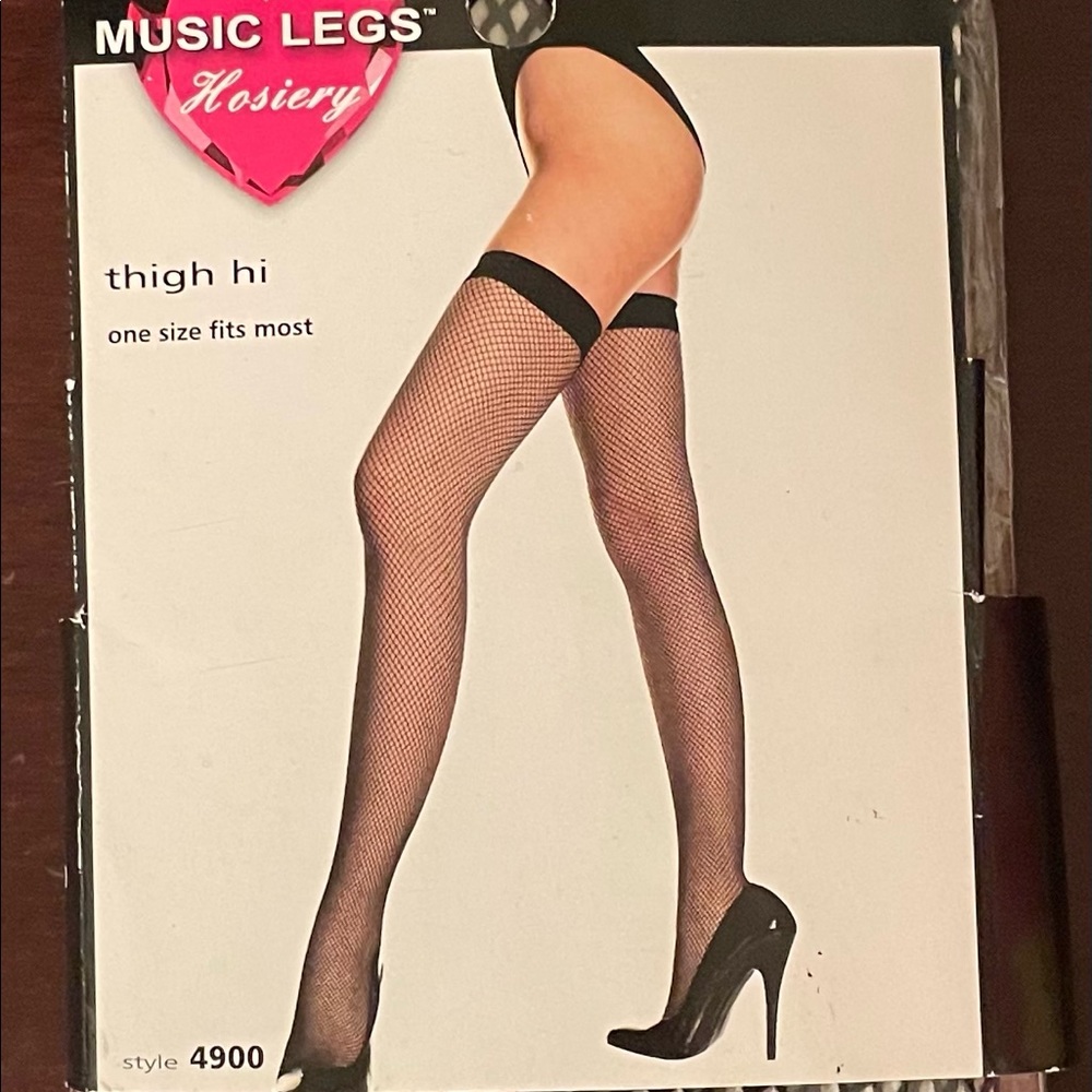 Fishnet black thigh highs pantyhose.
